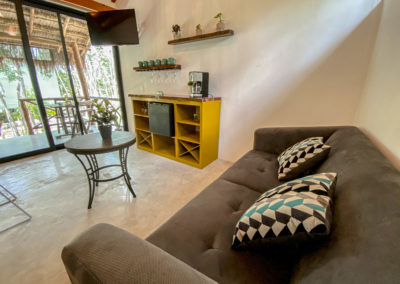 Villa Tortuga, frigobar, coffee maker, crystal glasses, sofa, TV, Cozumel